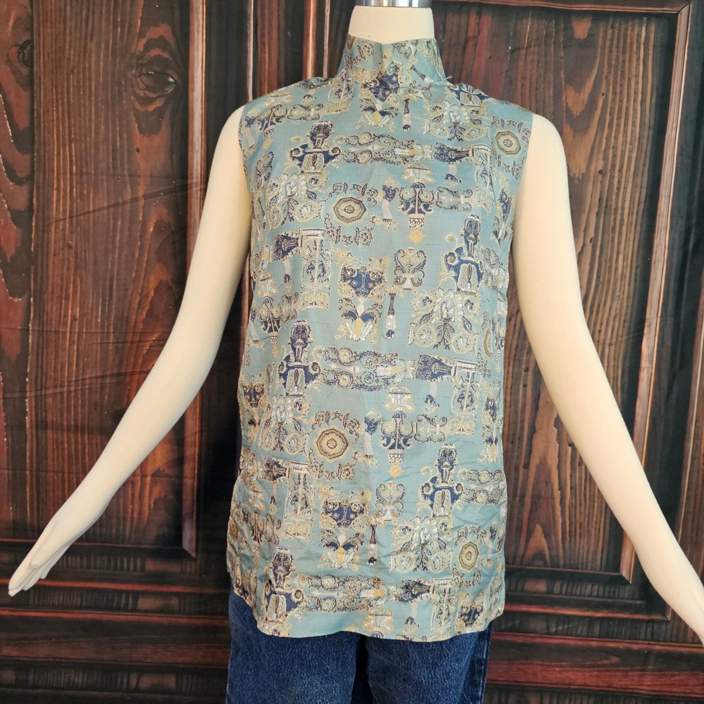 Vintage 1960s Mock Neck Blouse Sleeveless Top Ornate Medallion Print Blue Mod